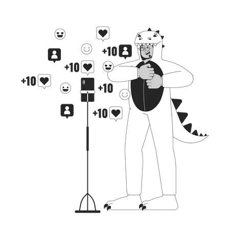 Kigurumi Dinosaur Man In Front Of Phone Camera Black And White 2 D Line Cartoon Character Glasses Middle Eastern Guy Isolated Vector Outline Person Dancing Monochromatic Flat Spot Illustration Illustration