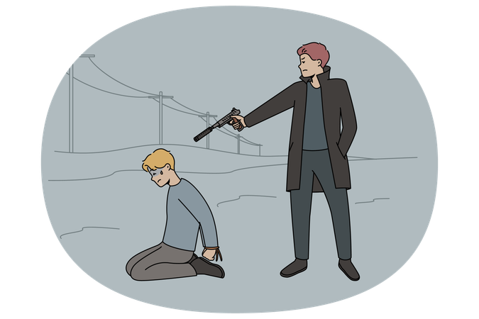 Killer holding gun in hands make control headshot in victim head  Illustration