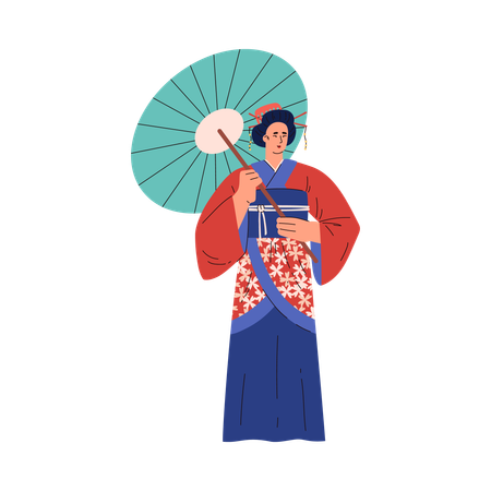 Kimono woman with umbrella  Illustration