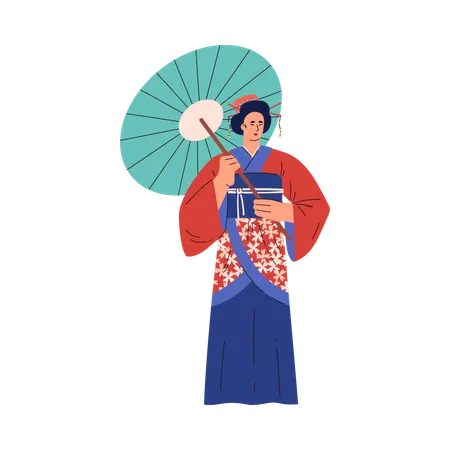 Kimono woman with umbrella  Illustration