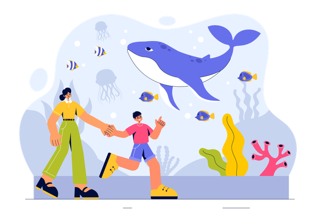 Kind besucht Aquarium mit Mutter  Illustration