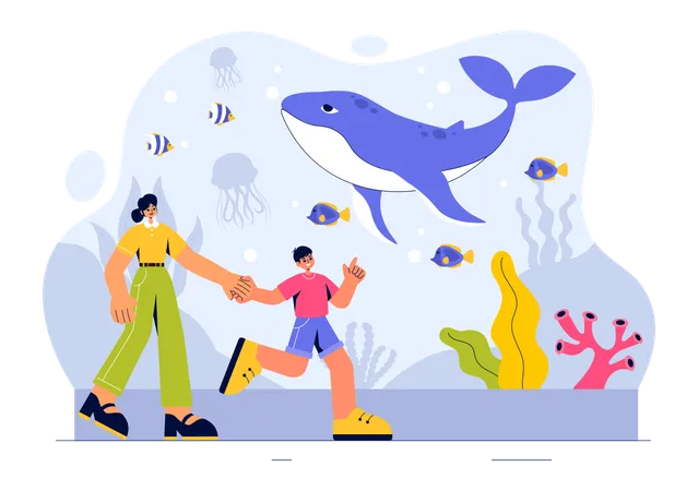 Kind besucht Aquarium mit Mutter  Illustration