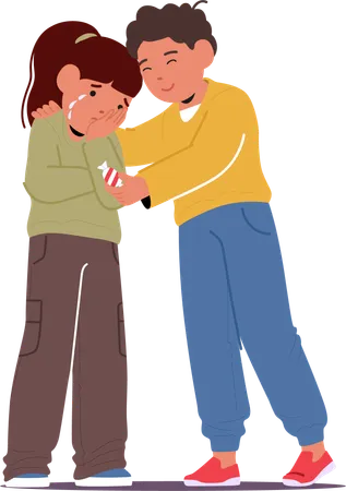 Kind Boy Character Comforts Upset Friend Offering Solace With A Candy His Gentle Support Eases Her Tears Creating A Heartwarming Moment Of Friendship And Care Cartoon People Vector Illustration Illustration