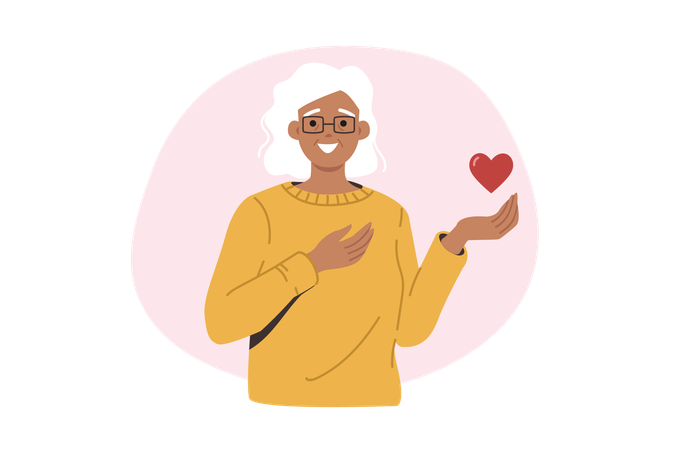 Kind elderly woman holds heart in hand and looks at screen smiling  Illustration