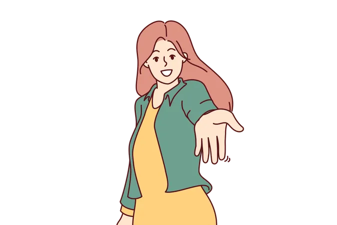 Kind Hearted Woman Lends Helping Hand By Providing Support To People In Need And Showing Gesture Of Acceptance Smiling Girl Takes Care Of Those In Trouble Extends Hand Of Support イラスト