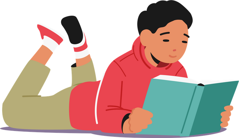 Kind liest Buch, während es auf dem Boden liegt  Illustration