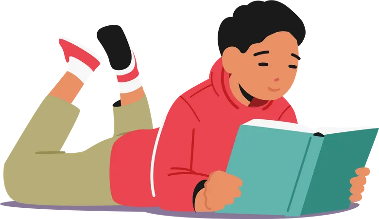 Kind liest Buch, während es auf dem Boden liegt  Illustration