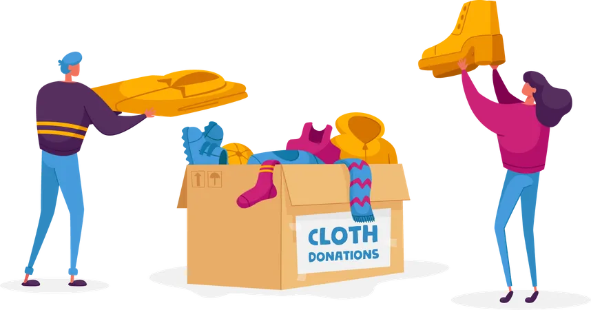 Kind Man and Woman Characters Volunteers of Charity Organization Collecting Clothes for Beggars Living on Street. Girl Holding Show from Box with Donated Dressing. Cartoon People Vector Illustration  Illustration