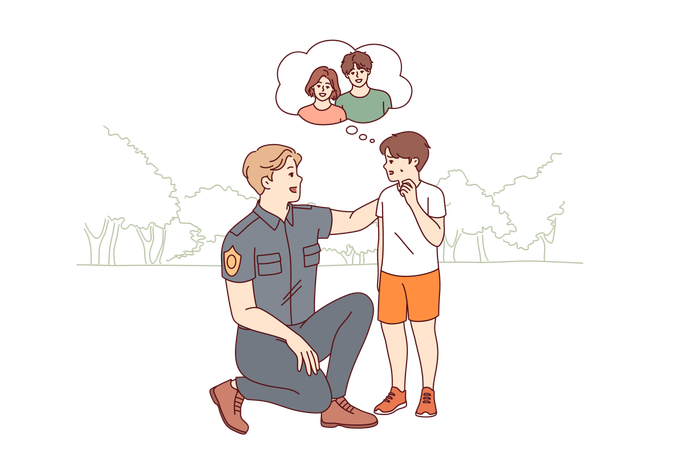 Kind policeman helping boy who has lost parents and sad because afraid of not finding mom and dad  Illustration