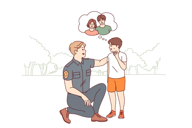 Kind policeman helping boy who has lost parents and sad because afraid of not finding mom and dad  Illustration