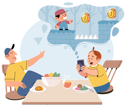 Kind schaut beim Essen aufs Handy  Illustration