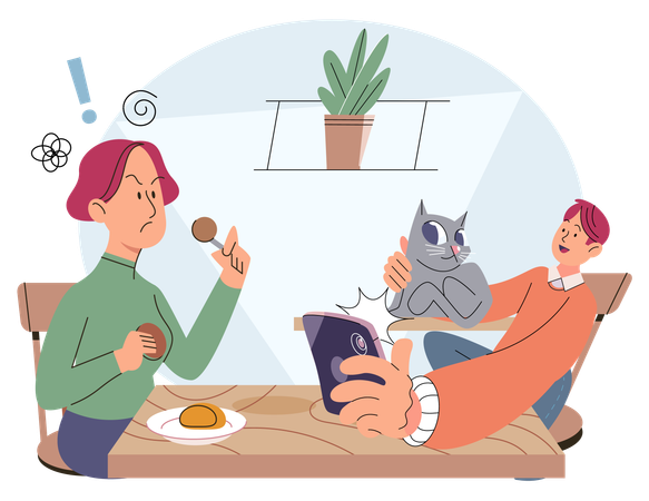 Kind schaut beim Essen aufs Handy  Illustration