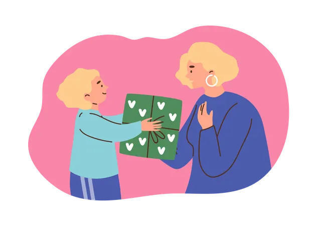 Kind schenkt seiner Mutter am Muttertag eine Geschenkbox  Illustration