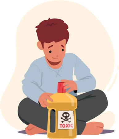 Kind sitzt auf dem Boden und spielt mit giftiger Flüssigkeit und öffnet eine Flasche mit gefährlichem Gift  Illustration
