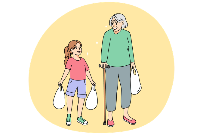 Kind small girl help old grandmother carrying bags  Illustration