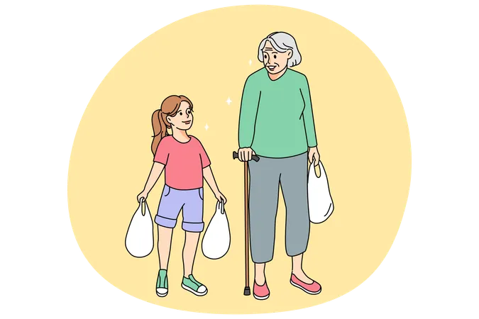 Kind small girl help old grandmother carrying bags  Illustration