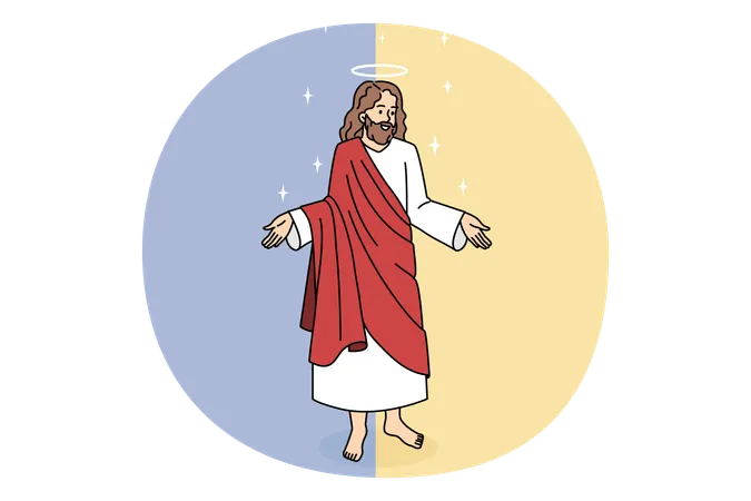 Kind smiling Jesus in red clothing standing and showing his big caring hands  Illustration