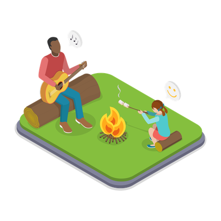 Kind spielt mit Papa beim Camping  Illustration