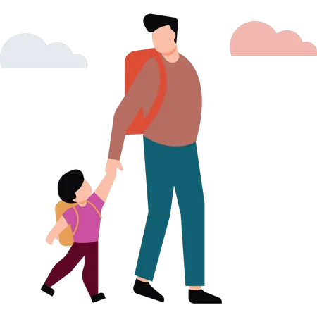 Kind und Vater gehen zusammen spazieren  Illustration