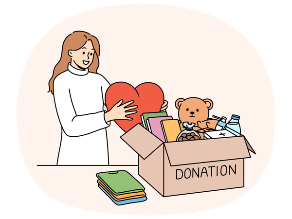 Kind woman stands near donation box with big heart in hands  Illustration