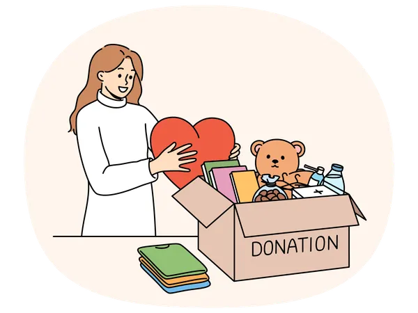 Kind woman stands near donation box with big heart in hands  Illustration