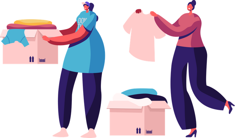 Kind women donating box of clothes  Illustration