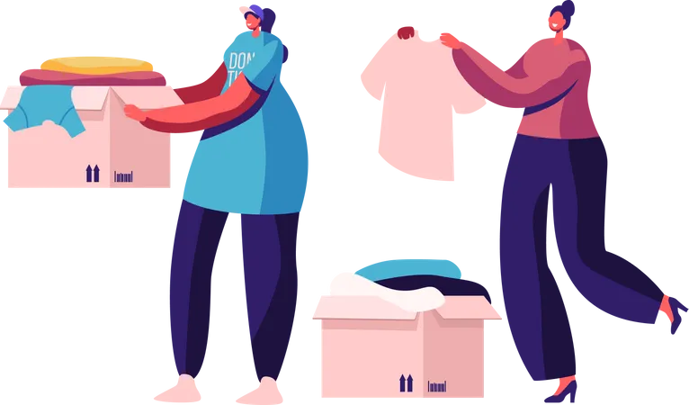 Kind women donating box of clothes Illustration