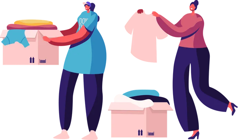 Kind women donating box of clothes  Illustration