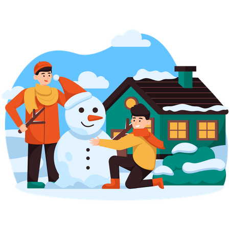 Kinder bauen Schneemann  Illustration