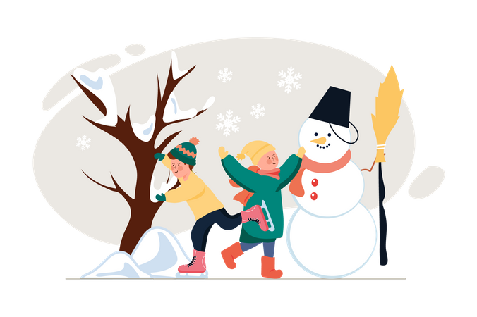 Kinder bauen Schneemann  Illustration