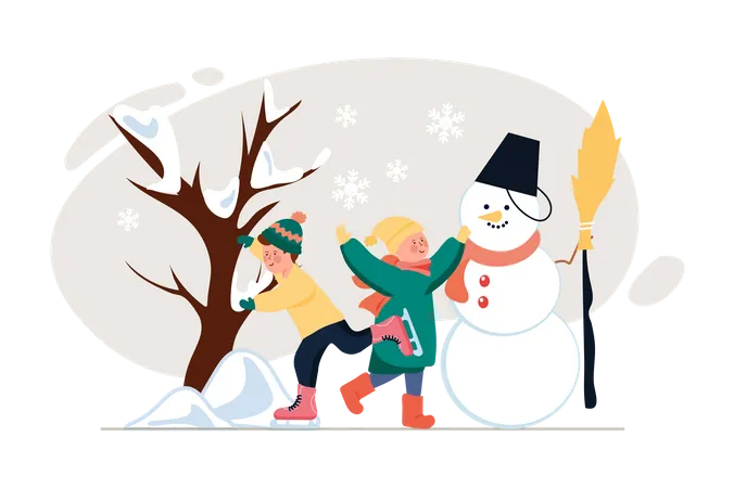 Kinder bauen Schneemann  Illustration