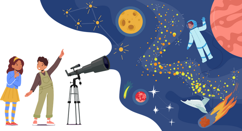 Kinder beobachten den Weltraum mit einem Teleskop  Illustration