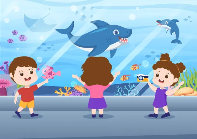 Kinder erkunden das Leben im Wasser im Aquarium  Illustration