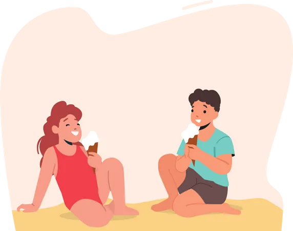 Kinder essen Eis beim Sitzen am Strand  Illustration