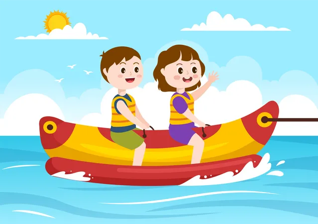 Bananenboot Und Jetski Urlaub Auf Dem Meer Spielen Vorlage Fur Strandaktivitaten Handgezeichnete Cartoon Flachbildillustration Illustration