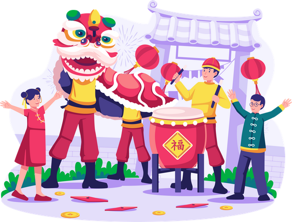 Kinder feiern das chinesische Neujahrsfest mit Löwentanz  Illustration