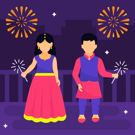 Kinder feiern Diwali mit Feuer  Illustration