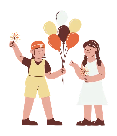 Kinder feiern mit Luftballons und Wunderkerzen  Illustration