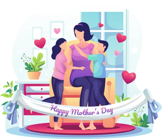 Kinder Feiern Muttertag Mit Ihrer Mutter Zu Hause Alles Gute Zum Muttertag Gruss Flache Vektorillustration Illustration