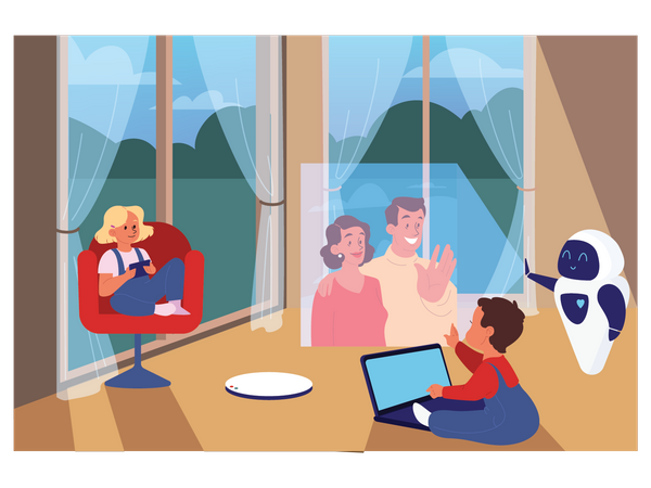 Kinder führen virtuelle Videoanrufe mit ihren Eltern  Illustration