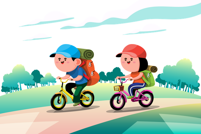 Kinder machen mit dem Fahrrad ein Picknick  Illustration