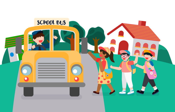 Kinder, die mit dem Schulbus zur Schule fahren  Illustration