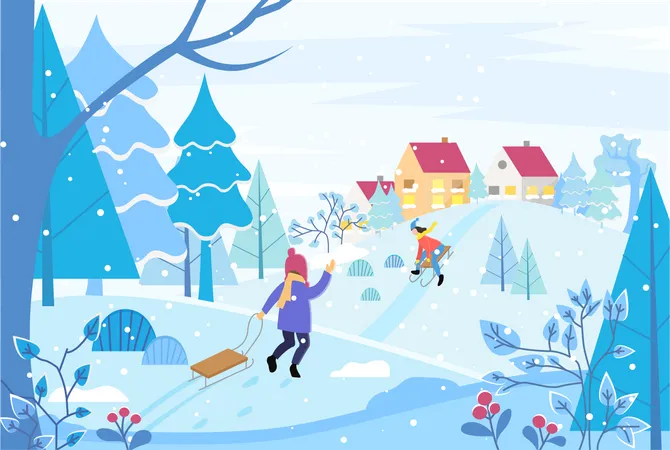 Kinder genießen den Winter  Illustration