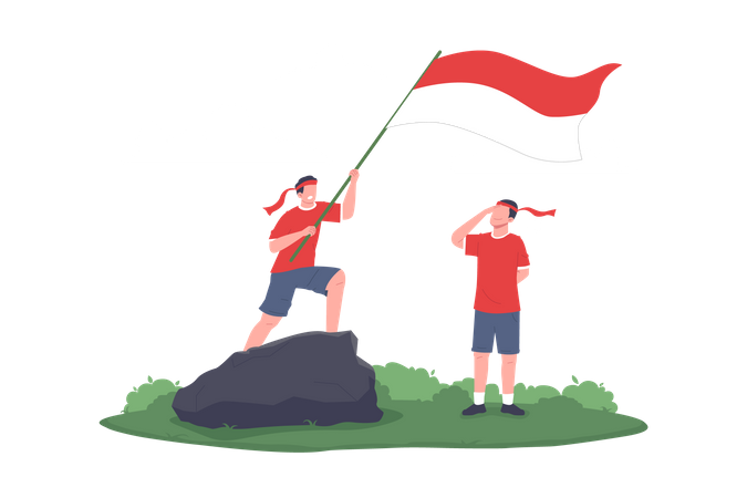 Kinder grüßen die indonesische Flagge  Illustration