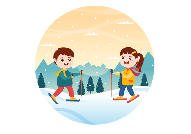 Kinder haben Spaß beim Schlittschuhlaufen im Winter  Illustration