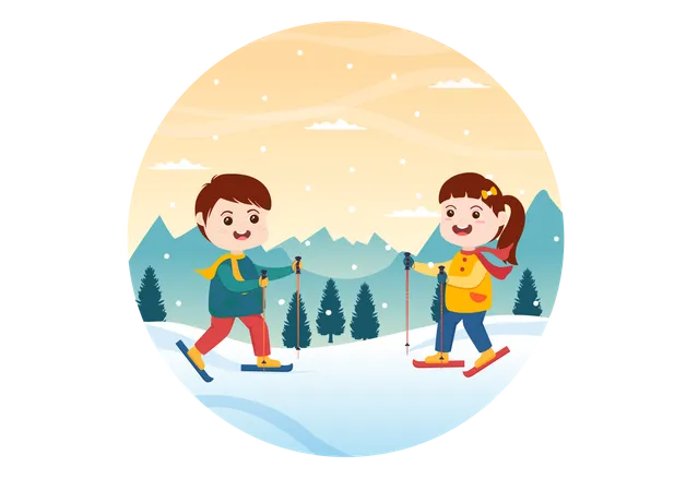 Kinder haben Spaß beim Schlittschuhlaufen im Winter  Illustration