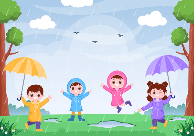 Kinder haben Spaß im Regen  Illustration