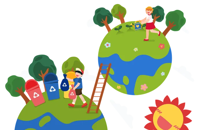 Kinder helfen beim Umweltschutz  Illustration