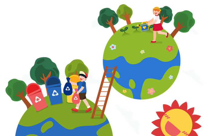 Kinder helfen beim Umweltschutz  Illustration