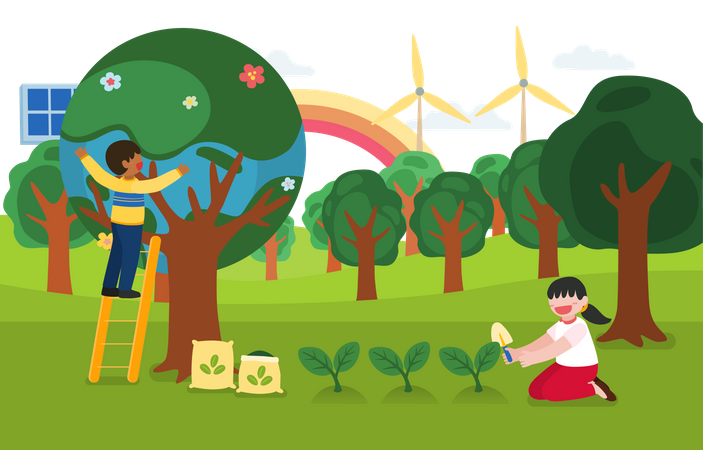 Kinder helfen der Ökologie, indem sie Bäume pflanzen  Illustration